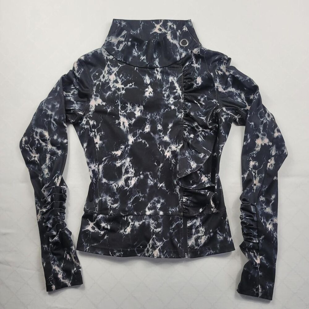 Karma Athletics Ruffle Zip Jacket Thumbholes Black White Women's S